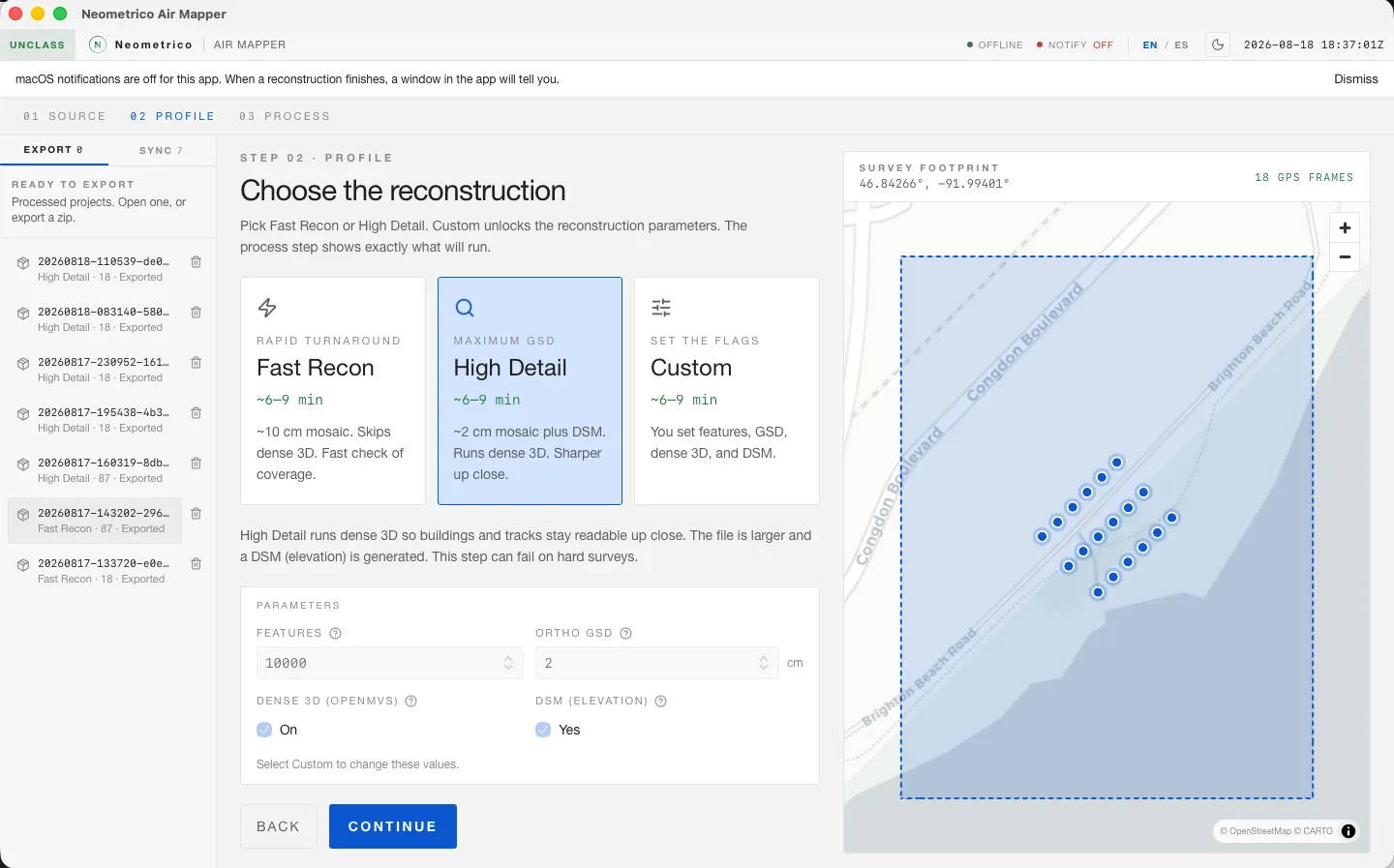Neometrico Air Mapper reconstruction profile screen, showing Fast Recon, High Detail, and Custom options alongside a live survey footprint map